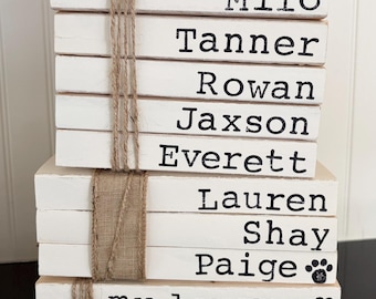 Personalized Stamped Book Stack: Custom Name Book Decor, unbound paperback book with hand stamped names and dates