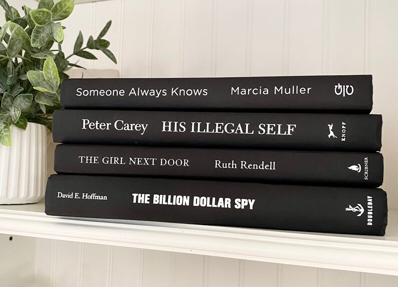 May include: Four black hardcover books stacked on a white shelf. The book titles and authors are in white lettering. Titles include "Someone Always Knows," "His Illegal Self," "The Girl Next Door," and "The Billion Dollar Spy." A green plant in a white pot is to the left.