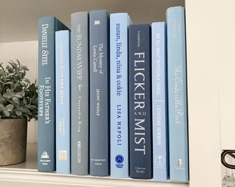 Pretty blue decorative books, coastal bookshelf decor, blue aesthetic decor for home office library, shades of french blue books