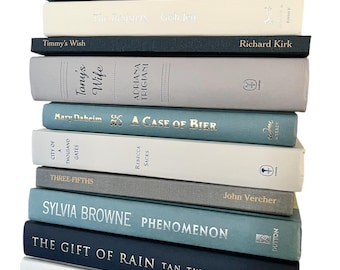 Gray and Blue Decorative Book Styling, nautical bookshelf decor, modern book staging, gray and navy living room decor, ethnic boho bookshelf