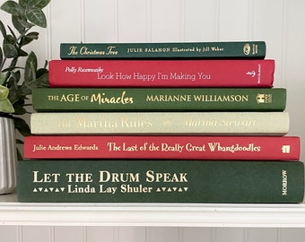 Christmas Color Book Decor, Red and Green Staging Books for Christmas bookshelf, books by color for Christmas, Christmas bookshelf decor