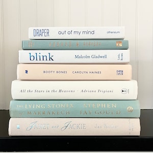 May include: A stack of books with light blue and cream colored covers. The titles include "blink", "Booty Bones", "All the Stars in the Heavens", "The Lying Stones", and "Janet and Jackie".