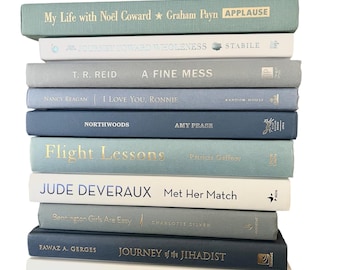 Coastal bookshelf decor, Blue Decorative Book Set: Navy, Gray, White Hardcover Books, modern lake house staging book