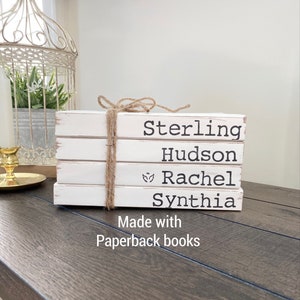 Personalized art, stamped book, books with names, books with names, bookshelf decor, painted books, Mother’s Day gift