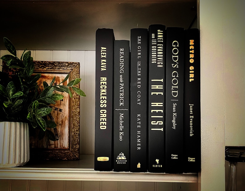 May include: A shelf displays a collection of hardcover books with black spines. Titles include "Reckless Creed," "Reading with Patrick," "The Girl in the Red Coat," "The Heist," "God's Gold," and "Metro Girl." A framed picture and a potted plant are also on the shelf.