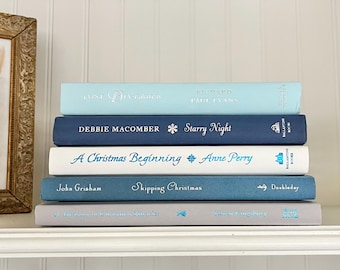 Blue Christmas books: set of 5 books, blue Christmas decor for bookshelf, tiered tray Christmas decor in shades of blue
