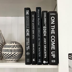 May include: A shelf displays a collection of black books with white lettering, including titles like "THE INVISIBLE ACHE" and "ON THE COME UP." Decorative black and white vases and a sphere with a black and white pattern are also present, creating a modern aesthetic.