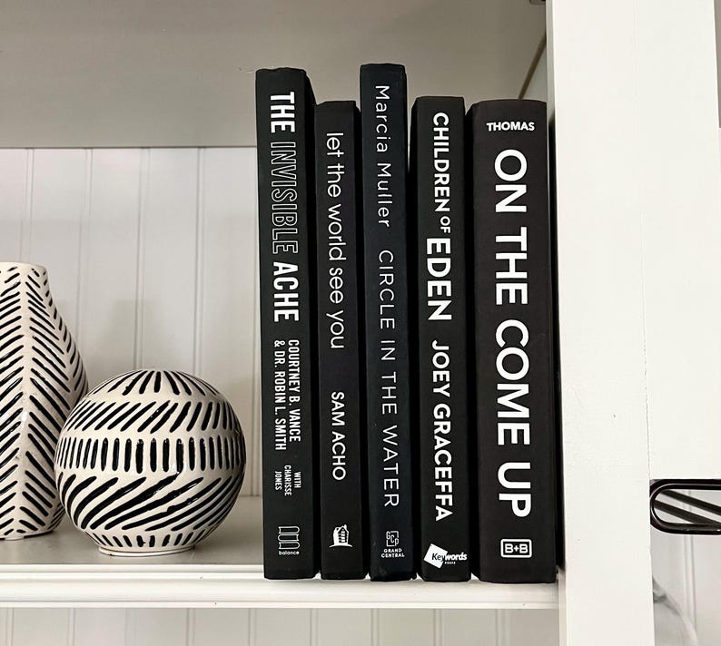 May include: A shelf displays a collection of black books with white lettering, including titles like "THE INVISIBLE ACHE" and "ON THE COME UP." Decorative black and white vases and a sphere with a black and white pattern are also present, creating a modern aesthetic.