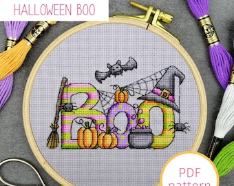 Halloween BOO Cross Stitch Pattern, Spooky Witch Cross Stitch Pattern, Small Halloween Cross Stitch, Halloween Counted Cross Stitch Chart
