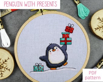 Cute Penguin with Presents Cross Stitch Pattern, Christmas Gifts Penguin Counted Cross Stitch PDF Chart