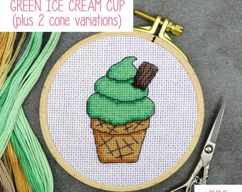 Green Ice Cream Cone Cross Stitch Pattern Set | Mint Chocolate Chip Sweet Treat Cross Stitch PDF Patterns for Digital Download