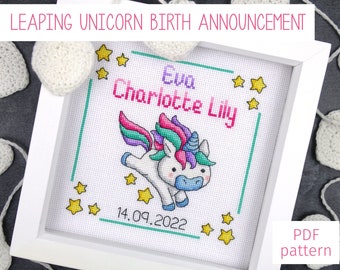 Leaping Unicorn Baby Birth Announcement Cross Stitch Pattern, Customisable Baby Nursery Counted Cross Stitch PDF Chart (Digital Download)
