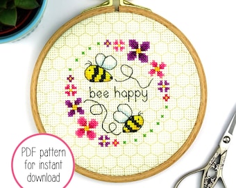 Cute Bee Happy Cross Stitch Pattern | Easy Mini Cross Stitch PDF Pattern for Digital Download