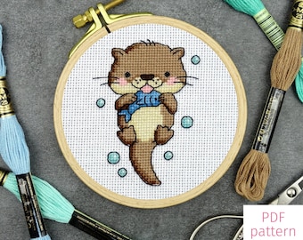 Otter with Fish Cross Stitch Pattern | Cute Otter Mini Cross Stitch PDF Pattern for Digital Download