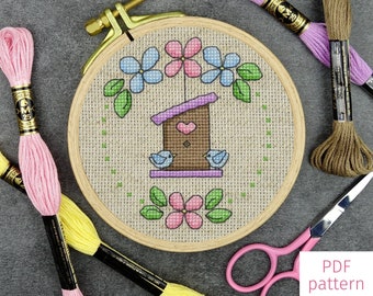 Floral Birdhouse Wreath Cross Stitch Pattern for New Home, Romantic Bird Couple Cross Stitch PDF Pattern for Digital Download