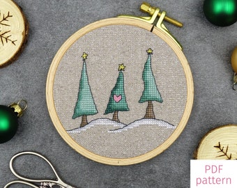Whimsical Christmas Trees Cross Stitch Pattern | Winter Trees Mini Cross Stitch PDF Pattern for Digital Download