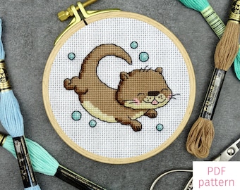 Swimming Otter Cross Stitch Pattern | Cute Otter Mini Cross Stitch PDF Pattern for Digital Download