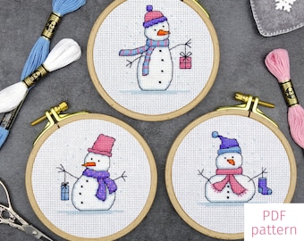 Set of 3 Cute Snowmen Cross Stitch Patterns | Easy Christmas Cross Stitch PDF Patterns for Digital Download