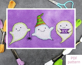 Cute Ghosts Cross Stitch Pattern | Spooky Halloween Cross Stitch PDF, Easy Halloween Cross Stitch, Halloween Counted Cross Stitch Chart