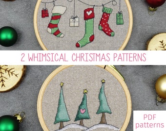 Set of 2 Whimsical Christmas Cross Stitch Patterns | Trio of Trees AND Hanging Stockings Cross Stitch PDF Patterns for Digital Download