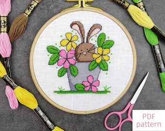 Rabbit in Flower Pot Cross Stitch Pattern for Valentines Day | Cute Bunny in Garden Cross Stitch PDF Pattern for Digital Download