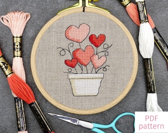 Mini Pot of Hearts Cross Stitch Pattern for Valentines Day | Romantic Love Grows Cross Stitch PDF Pattern for Digital Download