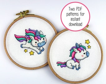 Set of 2 Cute Unicorn Cross Stitch Patterns | Pair of Magical Unicorns with Stars Modern Cross Stitch PDF Pattern for Digital Download
