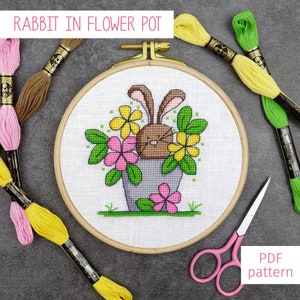 May include: A cross-stitch pattern of a brown rabbit in a flower pot with pink, yellow, and green flowers. The pattern is in a wooden embroidery hoop and surrounded by embroidery floss.