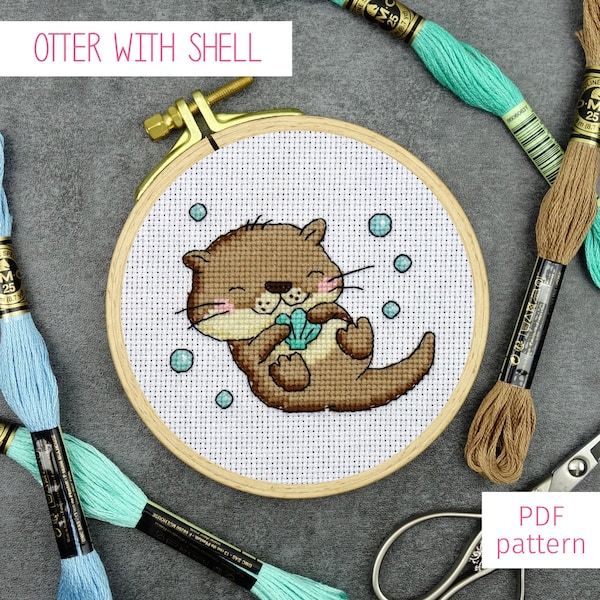 Otter with Shell Cross Stitch Pattern | Cute Otter Mini Cross Stitch PDF Pattern for Digital Download