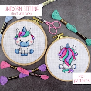 Cute Sitting Unicorn Cross Stitch Pattern Set (includes front and back), Magical Unicorn Counted Cross Stitch PDF Chart for Digital Download