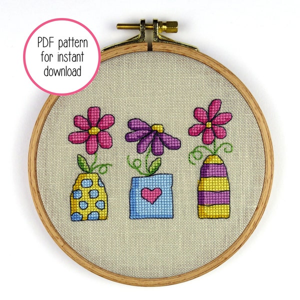 Trio of Flower Vases Cross Stitch Pattern | Floral Modern Cross Stitch PDF Pattern for Digital Download