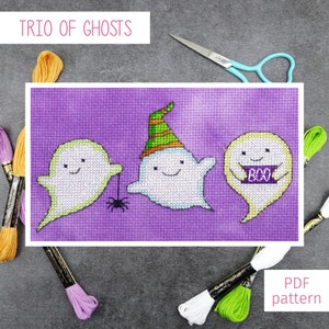 Cute Ghosts Cross Stitch Pattern | Spooky Halloween Cross Stitch PDF, Easy Halloween Cross Stitch, Halloween Counted Cross Stitch Chart