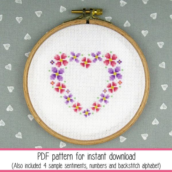 Small floral heart wreath cross stitch pattern with four sentiments and backstitch alphabet included (instant PDF download)