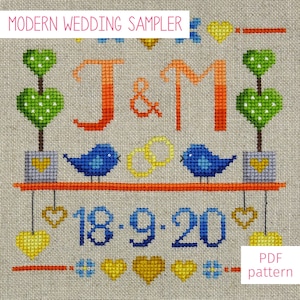 Modern Wedding Cross Stitch Pattern | Cross Stitch Wedding Sampler PDF Pattern | Personalised Cross Stitch Wedding Gift