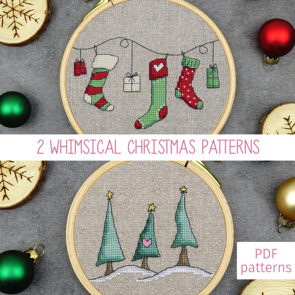 Set of 2 Whimsical Christmas Cross Stitch Patterns | Trio of Trees AND Hanging Stockings Cross Stitch PDF Patterns for Digital Download