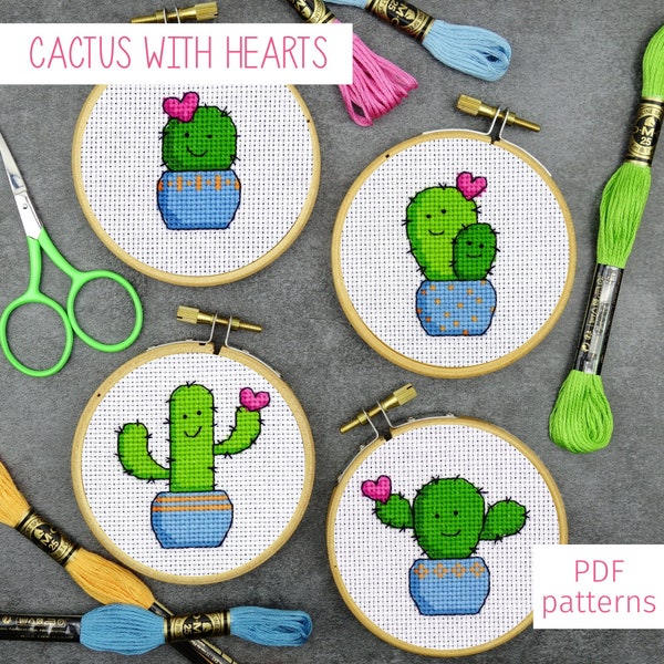 Mini Cactus with Hearts Cross Stitch Patterns (set of 4) for Valentines Day | Cute Romantic Cross Stitch PDF Pattern for Digital Download