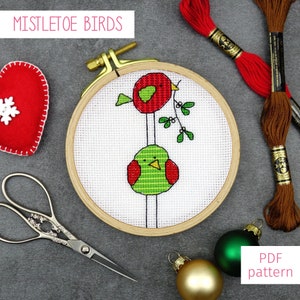 Cute Bird Couple with Mistletoe Cross Stitch Pattern | Quick Christmas Cross Stitch PDF Pattern for Digital Download
