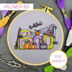 Halloween BOO Cross Stitch Pattern, Spooky Witch Cross Stitch Pattern, Small Halloween Cross Stitch, Halloween Counted Cross Stitch Chart