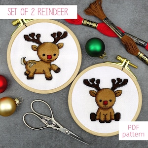 Set of 2 Cute Reindeer Cross Stitch Patterns | Christmas Cross Stitch PDF Pattern for Digital Download (Rosie and Rowan Reindeer)