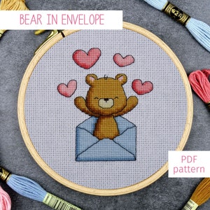 Cute Bear in Envelope with Hearts Cross Stitch PDF Pattern, Romantic Hearts Teddy Bear Counted Cross Stitch Chart