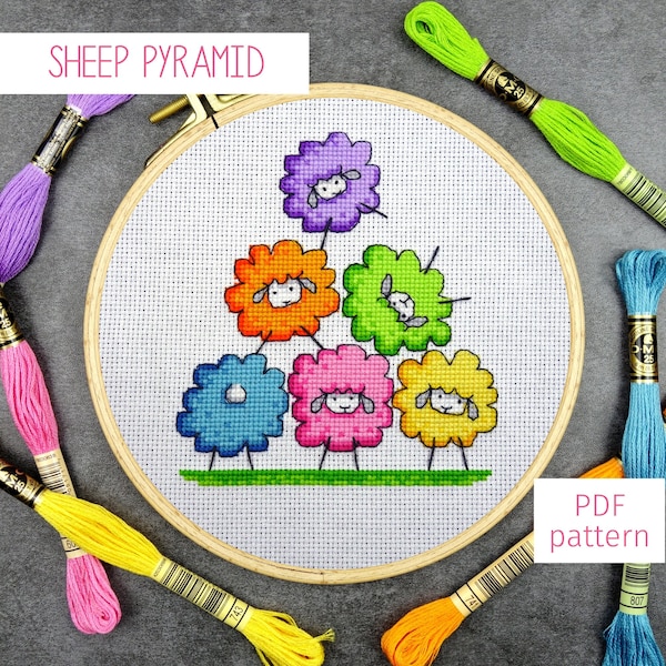 Funny Sheep Cross Stitch Pattern, Colourful Sheep Pyramid Cross Stitch PDF Chart for Digital Download