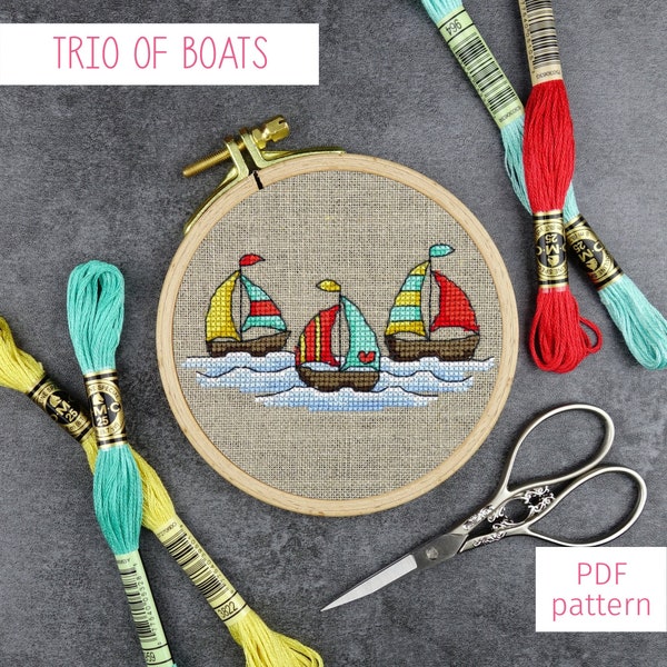 Trio of Boats Cross Stitch Pattern | Colourful Mini Cross Stitch PDF Pattern for Digital Download