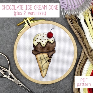 Patrón de punto de cruz de cono de helado de chocolate / Patrones de punto de cruz de dulces de verano para descarga digital