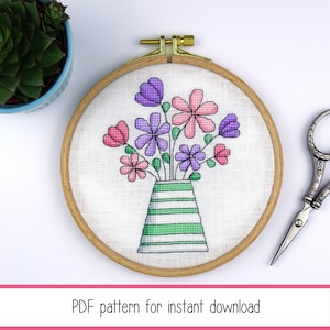 Stripy vase of flowers cross stitch pattern (instant PDF download)