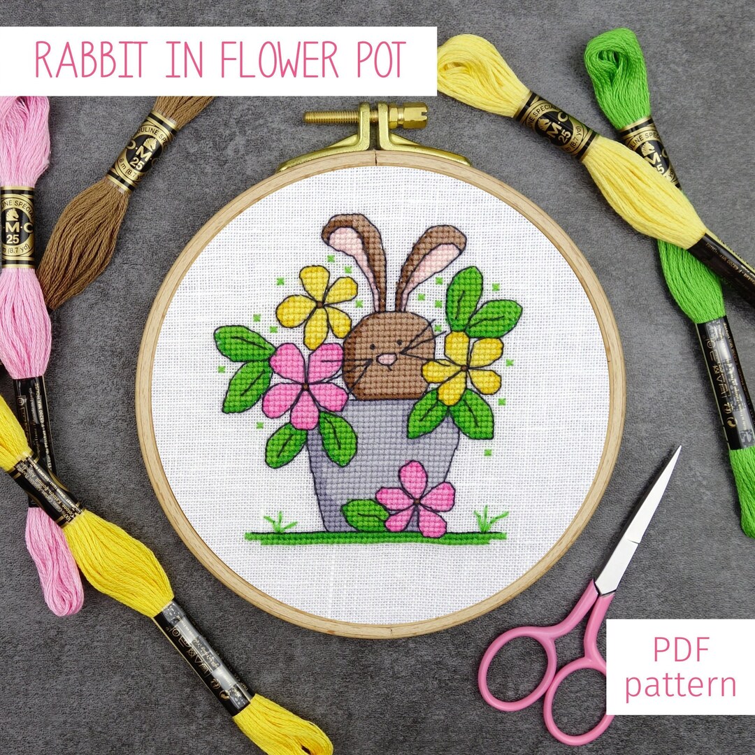 Rabbit in Flower Pot Cross Stitch Pattern for Valentines Day | Cute ...