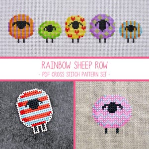 Pode incluir: Um conjunto de seis padrões de ponto cruz com ovelhas coloridas. Os padrões são intitulados "Rainbow Sheep Row - PDF Cross Stitch Pattern Set".