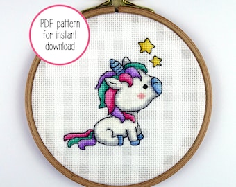 Cute Stargazing Unicorn Cross Stitch Pattern | Magical Unicorn Modern Cross Stitch PDF Pattern for Digital Download