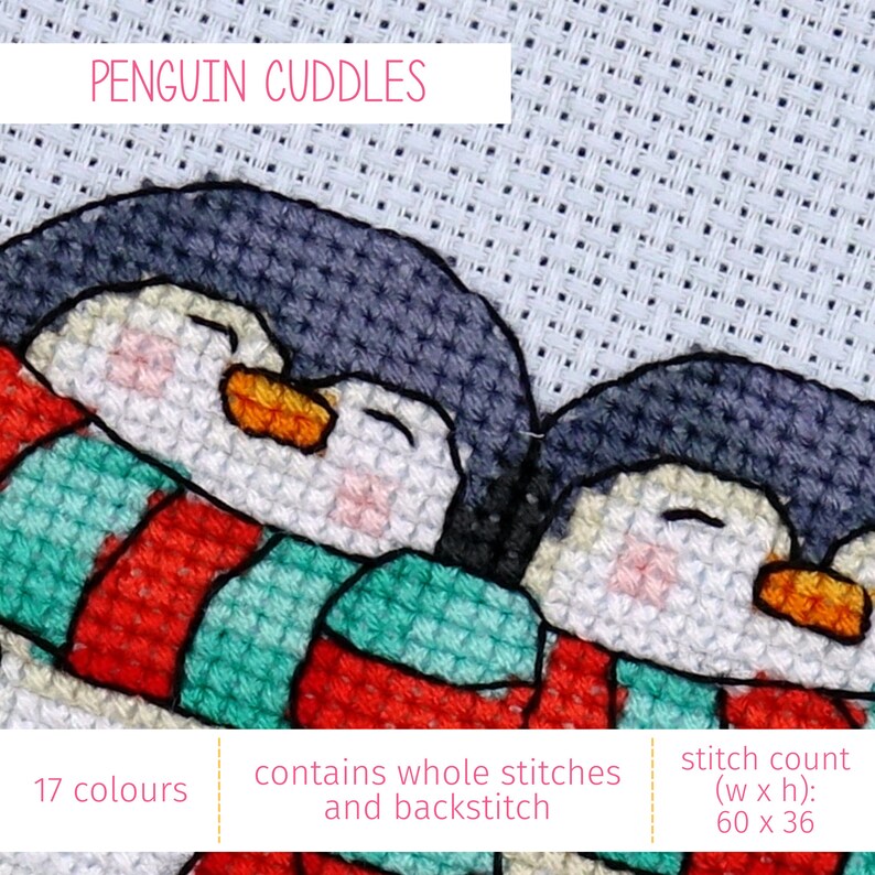 May include: Cross stitch pattern featuring two penguins cuddling, wearing a red and green scarf. The pattern is 60 stitches wide by 36 stitches high and uses 17 colors. The pattern includes whole stitches and backstitch.
