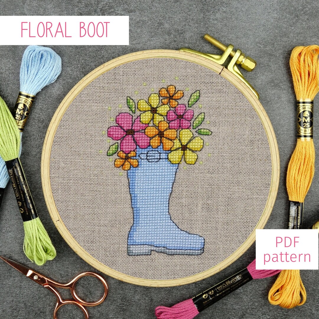 Garden Cross Stitch Pattern, Cross Stitch Boot, Floral Wellington Boot