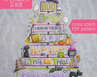 Halloween Stack Korsstygn PDF Mönster, Söt Spöklikt Räknat Korsstygn Diagram, Halloween Ord Korsstygn Design